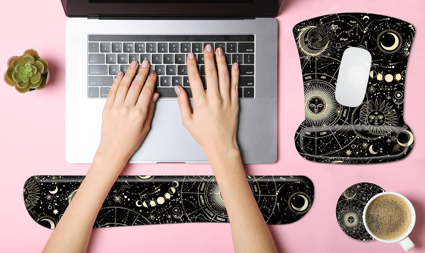 3 in 1 Ergonomic Mouse Pad with Wrist Rest and Keyboard Wrist Support Set with Coaster, Cute Wrist Pad with Non-Slip Rubber Base and Raised Memory Foam, Easy Typing & Pain Relief, Moon Star