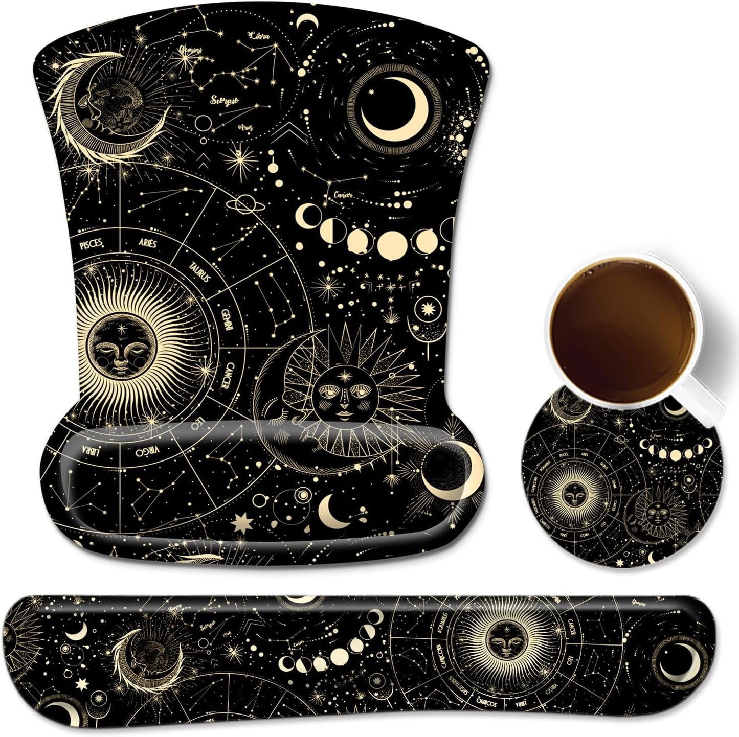 3 in 1 Ergonomic Mouse Pad with Wrist Rest and Keyboard Wrist Support Set with Coaster, Cute Wrist Pad with Non-Slip Rubber Base and Raised Memory Foam, Easy Typing & Pain Relief, Moon Star