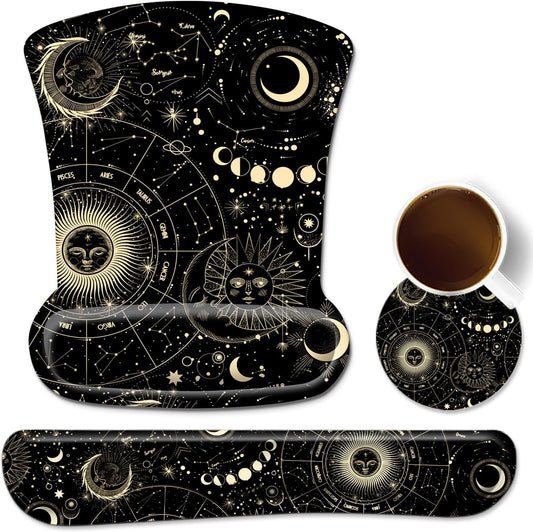 3 in 1 Ergonomic Mouse Pad with Wrist Rest and Keyboard Wrist Support Set with Coaster, Cute Wrist Pad with Non-Slip Rubber Base and Raised Memory Foam, Easy Typing & Pain Relief, Moon Star